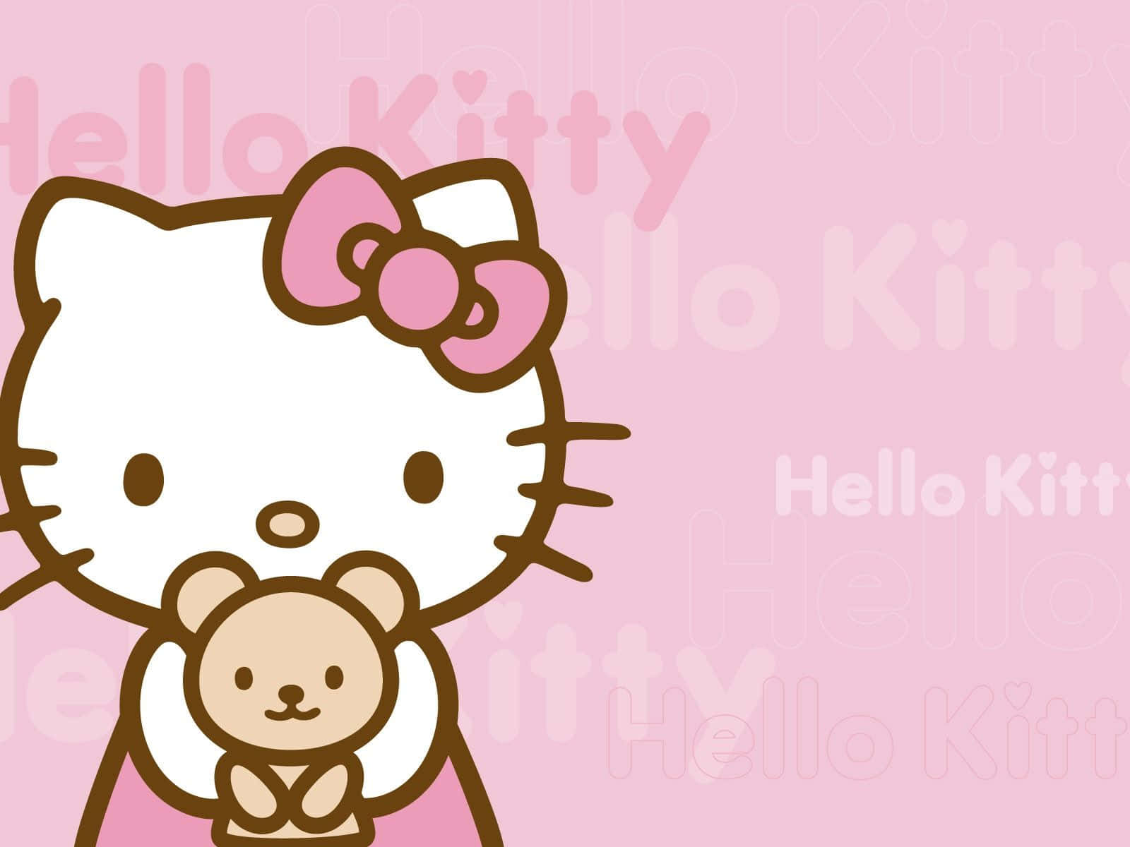 Hello Kitty 與泰迪熊可愛背景 壁紙 — Hello Kitty 喺粉紅色背景上抱住一隻泰迪熊，背景有重複嘅微弱 Hello Kitty 文字。