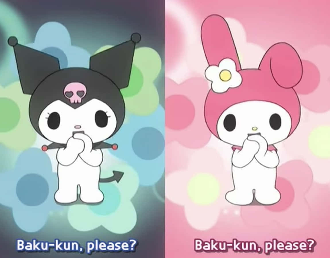 兩個動漫角色 My Melody 和 Kuromi 雙手合十乞求。