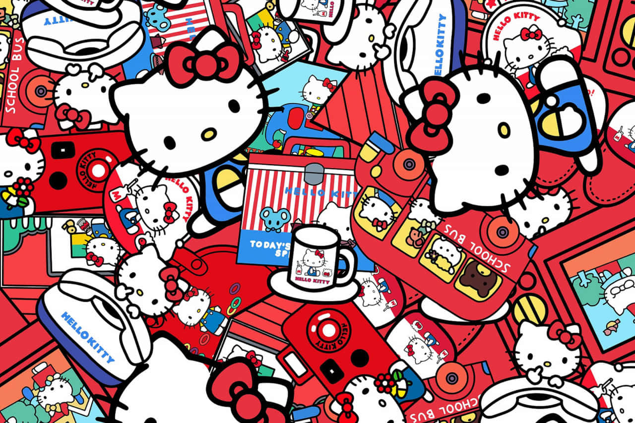 Hello Kitty 讓每一天都更可愛 壁紙 — 以紅、白、藍色Hello Kitty商品組成的充滿活力的混亂拼貼畫，帶有重複圖案和俏皮設計。