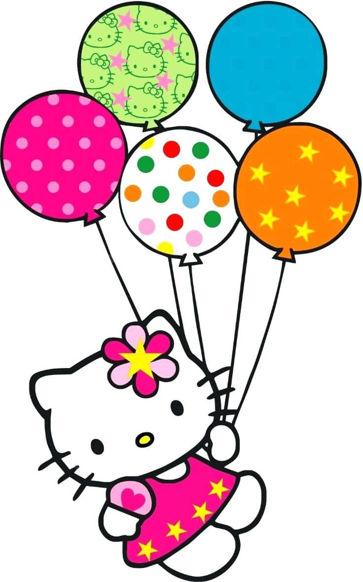 Hello Kitty Birthday 桌布 壁紙 — Hello Kitty 身穿粉紅色星星裙，在白色背景前手持色彩繽紛的圖案氣球。