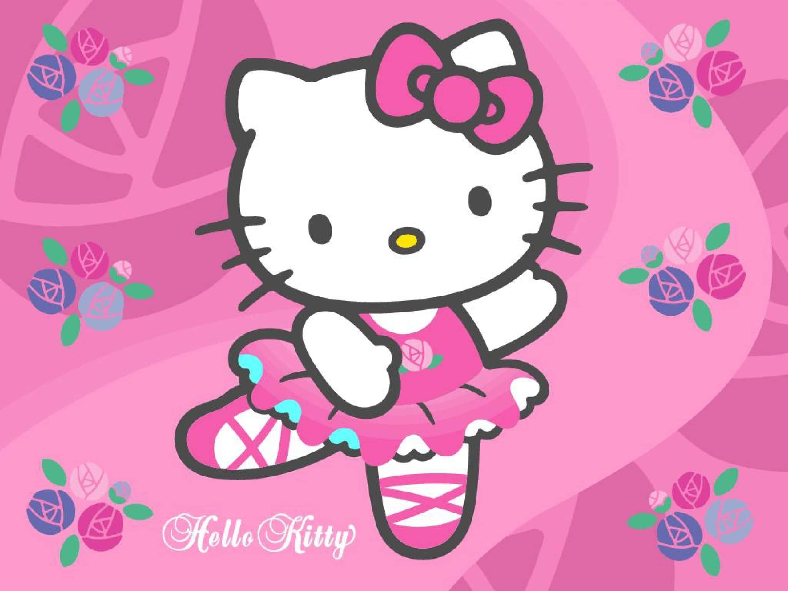 Kitty White 桌布 壁紙 — Hello Kitty 身穿粉紅色芭蕾舞服裝，在帶有花卉裝飾的旋轉粉紅色背景前優雅地擺姿勢。