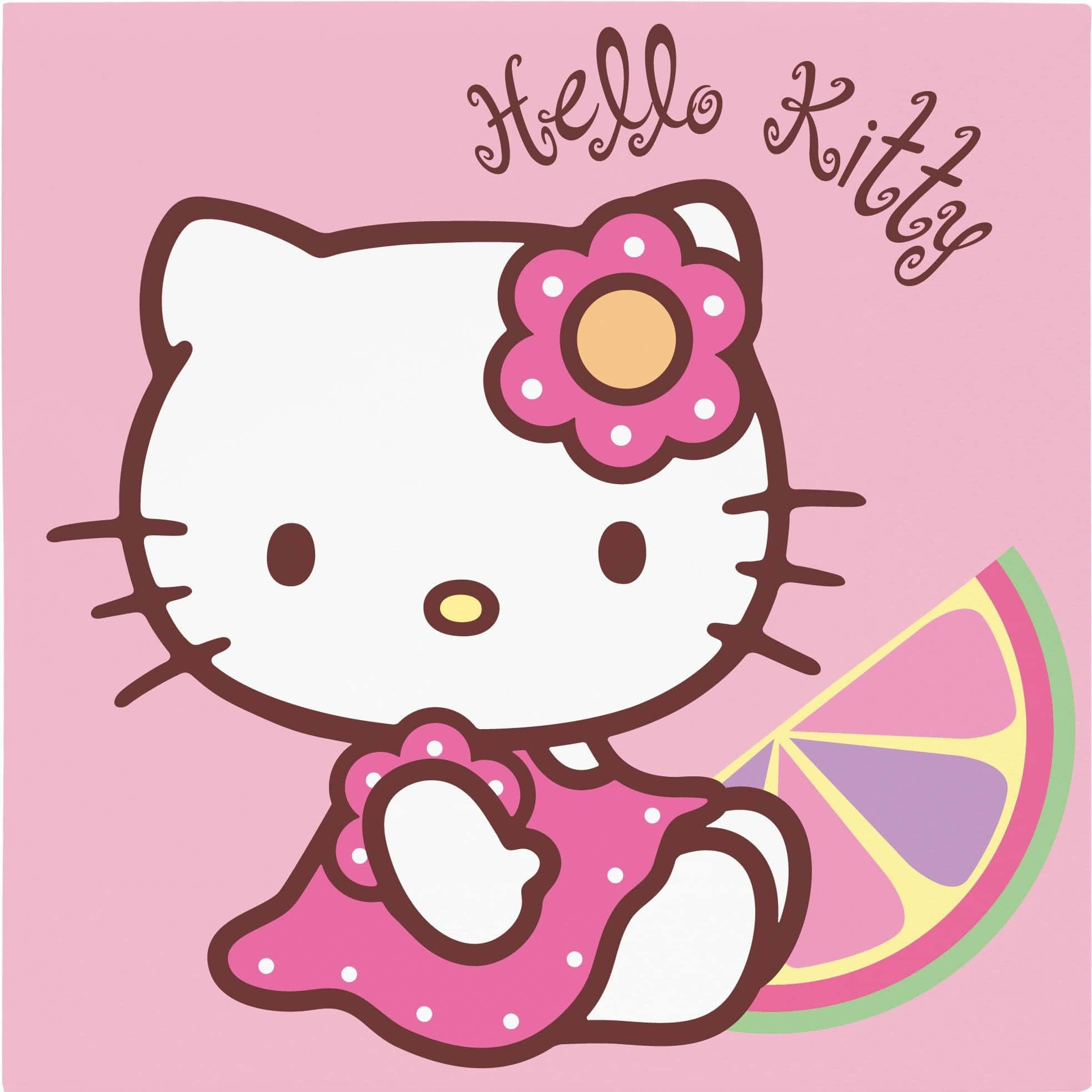 Kitty White 桌布 壁紙 — Hello Kitty 身穿粉紅色圓點連衣裙，戴著花朵頭帶，在柔和的粉紅色背景前拿著檸檬片。