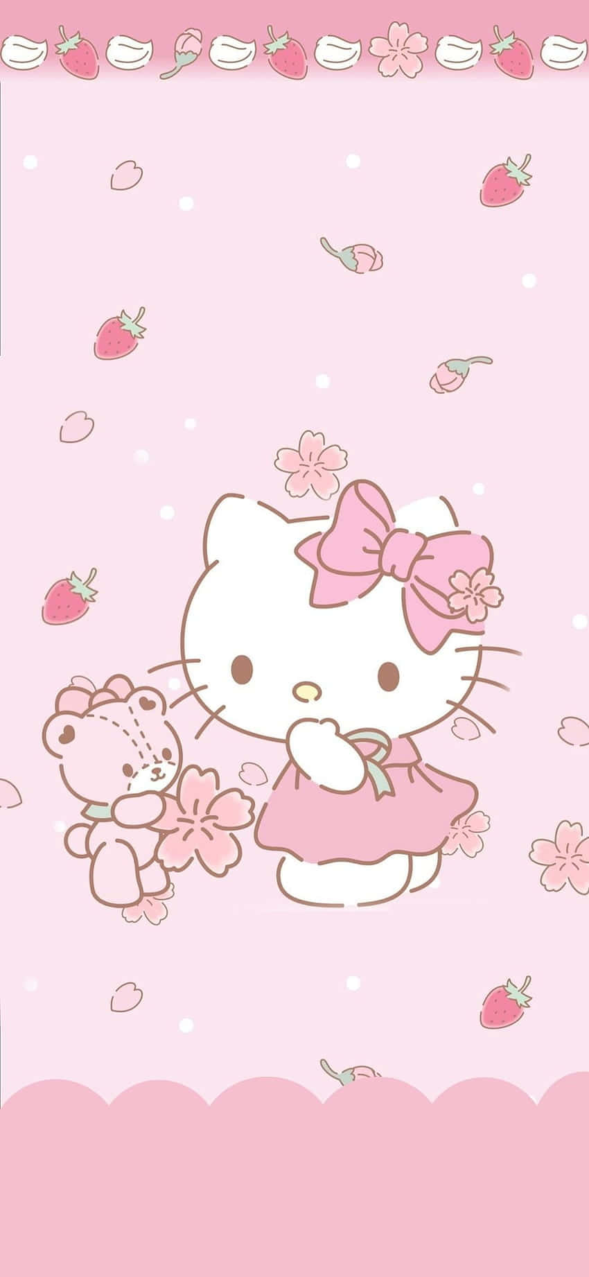 Kawaii Hello Kitty 桌布 壁紙 — Hello Kitty 身穿粉紅色連衣裙，手持櫻花，與泰迪熊一起，被草莓和花瓣環繞，背景為柔和粉紅色。