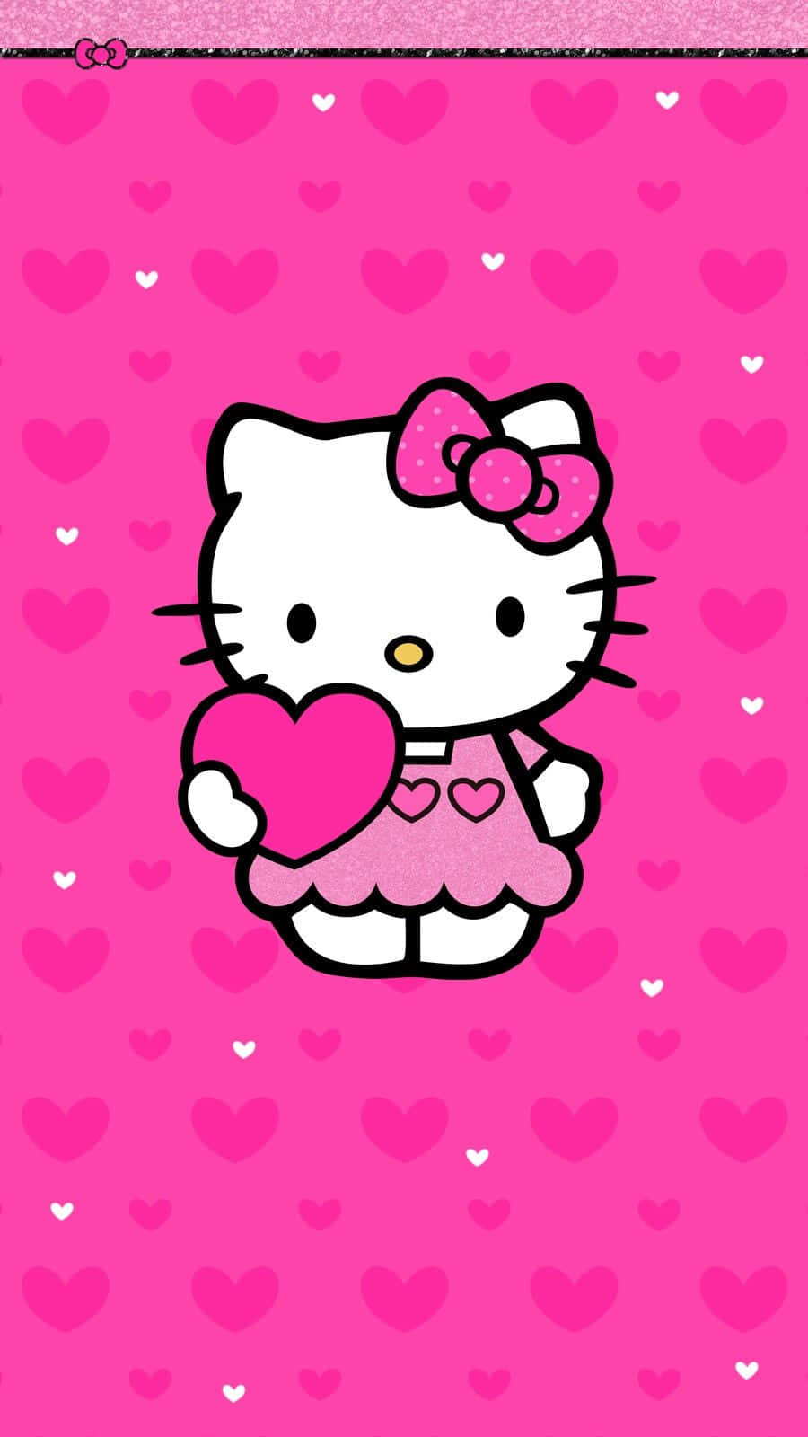 Kawaii Hello Kitty 桌布 壁紙 — Hello Kitty 身穿粉紅色連衣裙，在粉紅色心形圖案背景上手持心形。