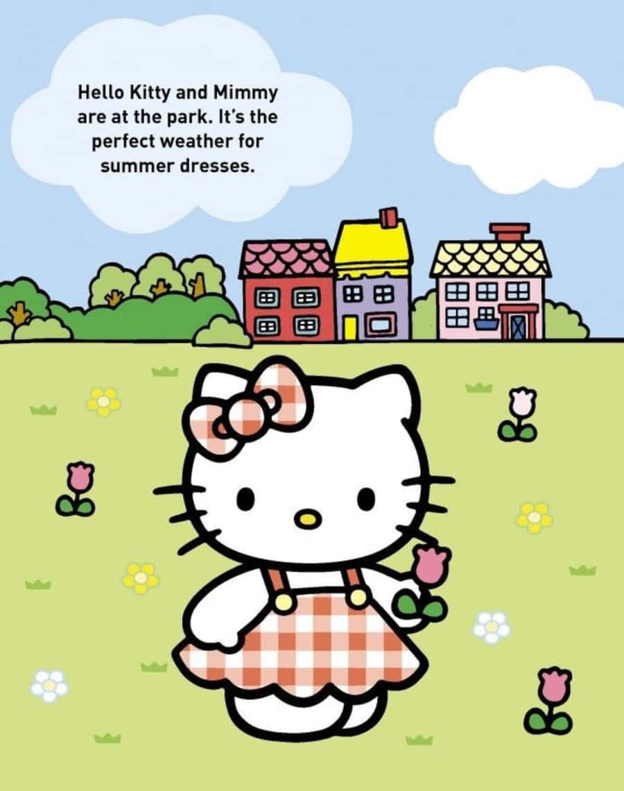 Mimmy White 桌布 壁紙 — Hello Kitty 身穿紅白格仔裙，站在陽光明媚的花田裡，背景是色彩繽紛的房屋。