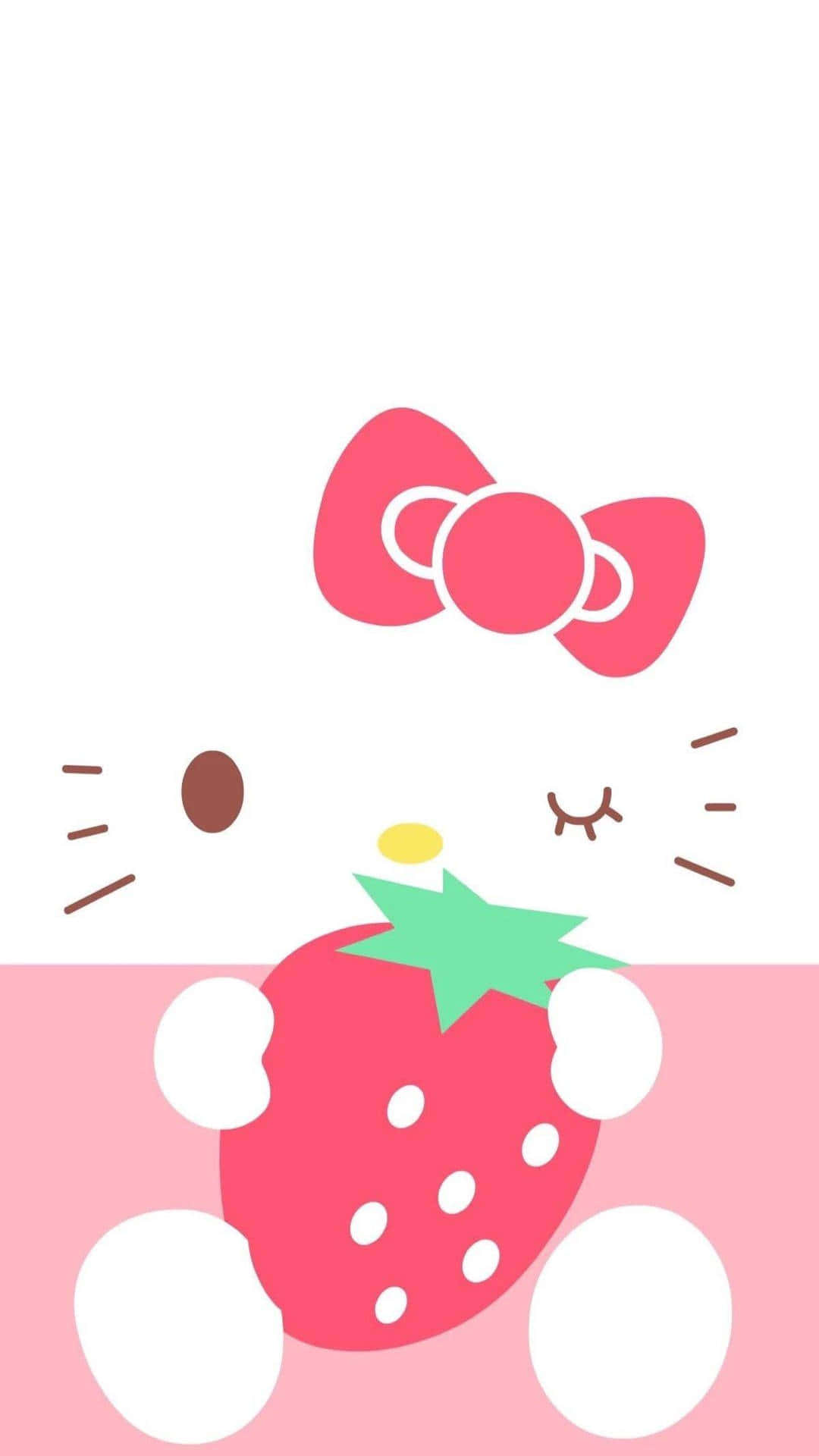 Kawaii Hello Kitty 桌布 壁紙 — Hello Kitty 閉著眼睛拿著草莓，背景為粉紅色和白色。