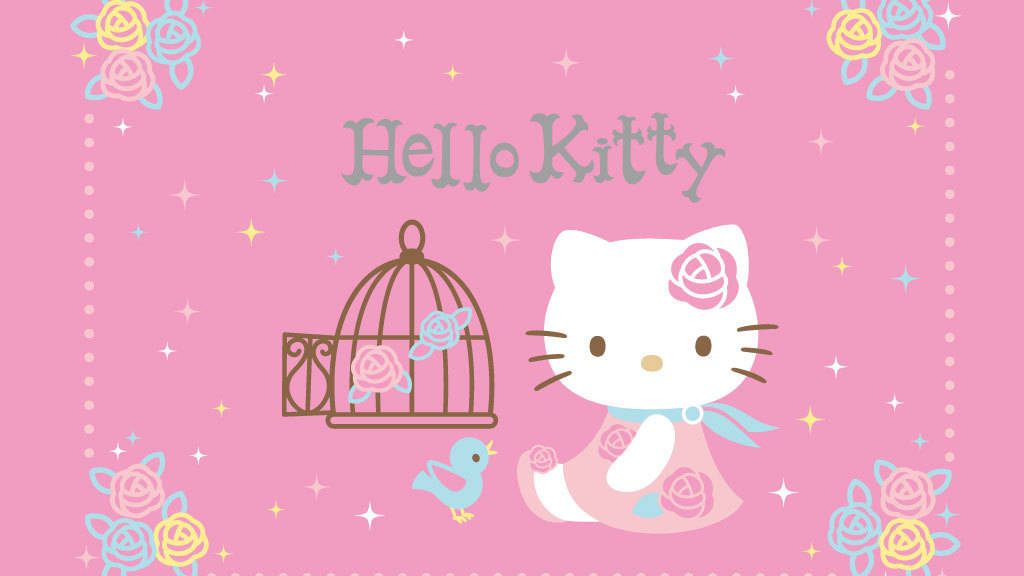 Hello Kitty 穿著粉紅色玫瑰裙，與鳥籠和藍色小鳥一起，背景是佈滿星星的粉紅色。 — Hello kitty 美學 GIF 壁紙