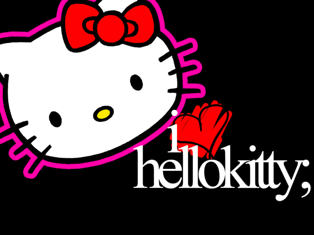 這款Hello Kitty筆電是任何Hello Kitty迷桌面的完美配件 壁紙 — Hello Kitty 帶有粉紅色輪廓和紅色蝴蝶結從左側窺視，背景為黑色，帶有白色文字。
