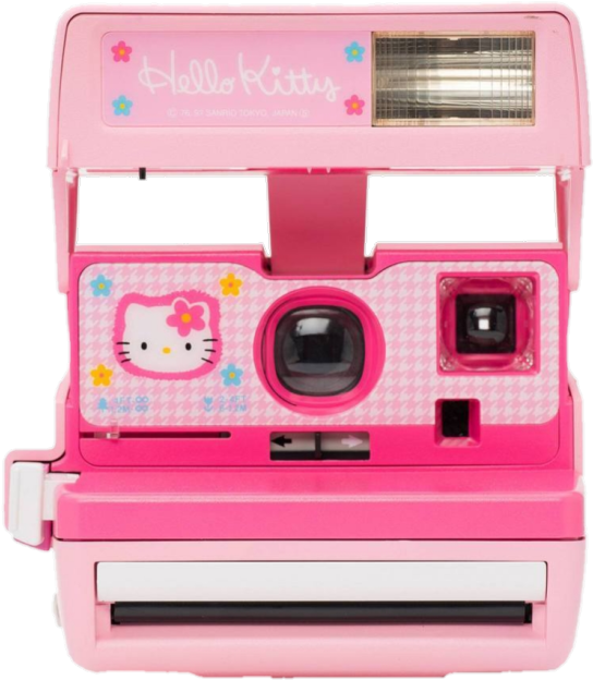 Hello Kitty粉紅色Polaroid相機 壁紙 — 一部充滿活力的粉紅色Hello Kitty即影即有相機，前面板帶有花卉貼紙和千鳥格圖案。
