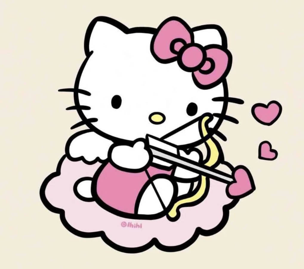 Hello Kitty丘比特頭像 壁紙 — Hello Kitty 穿著粉紅色連衣裙，手持弓箭，心形圍繞她在雲上飛舞。