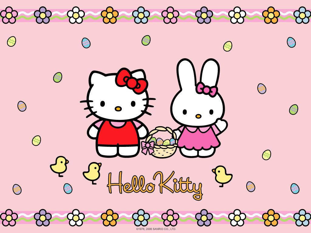 Hello Kitty享受復活節樂趣 壁紙 — Hello Kitty 和 My Melody 一起站在粉紅色背景上，手持一籃色彩繽紛的復活節蛋，周圍有花卉邊框和散落的蛋。
