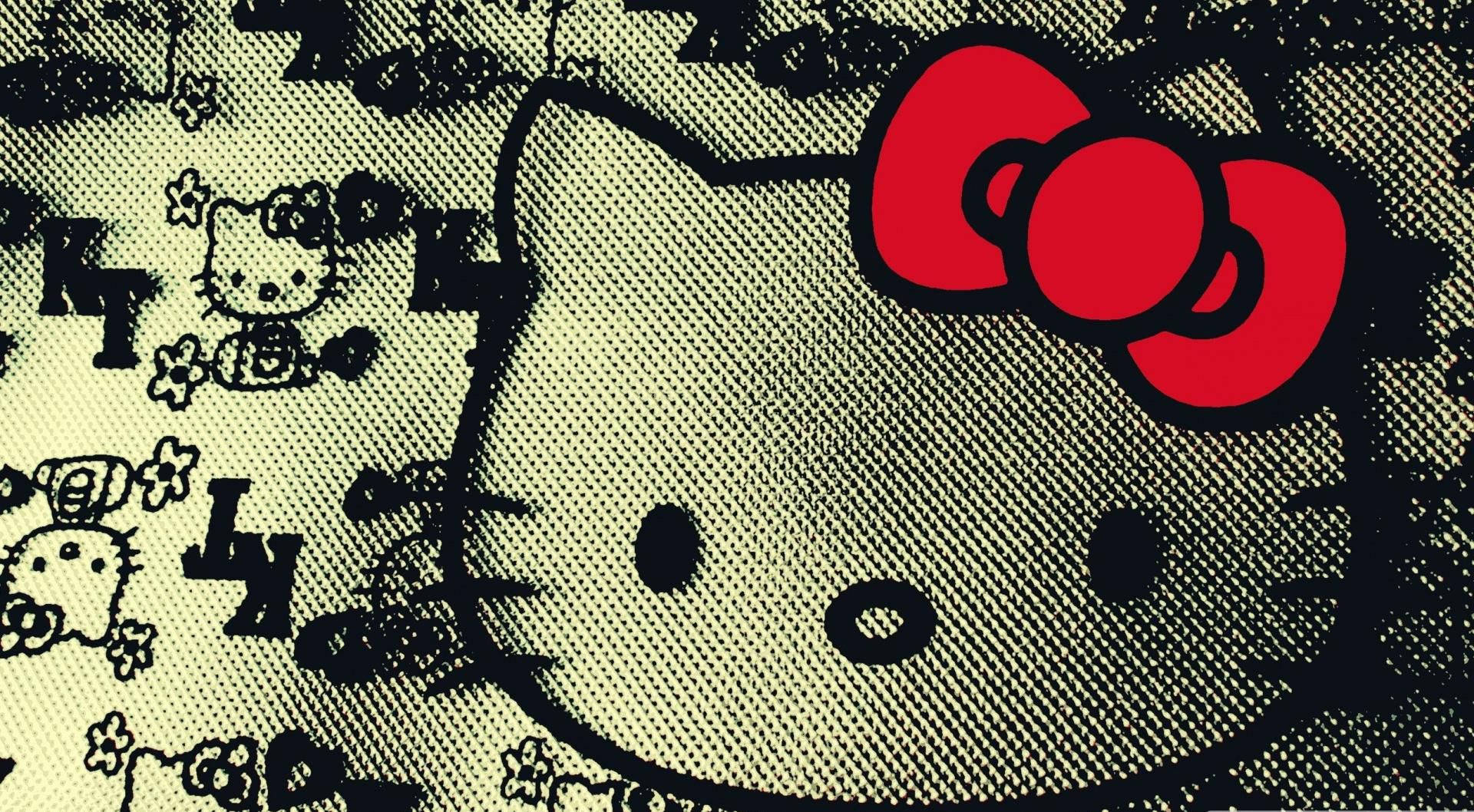 Hello Kitty刺繡設計桌面 壁紙 — 一個風格化的Hello Kitty，帶有醒目的紅色蝴蝶結，出現在帶有重複黑色墨水圖案的紋理牛仔布背景上。