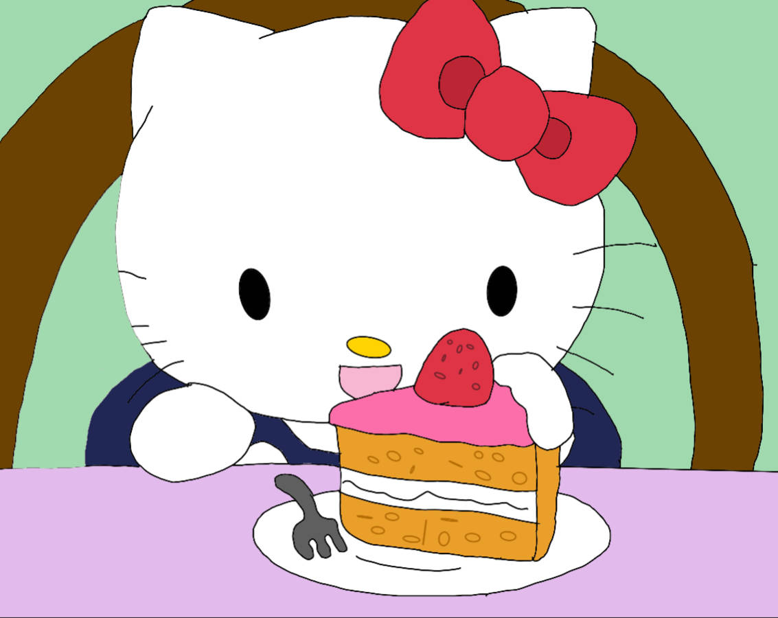 Hello Kitty 在桌子旁享用帶有粉紅色糖霜的草莓蛋糕。