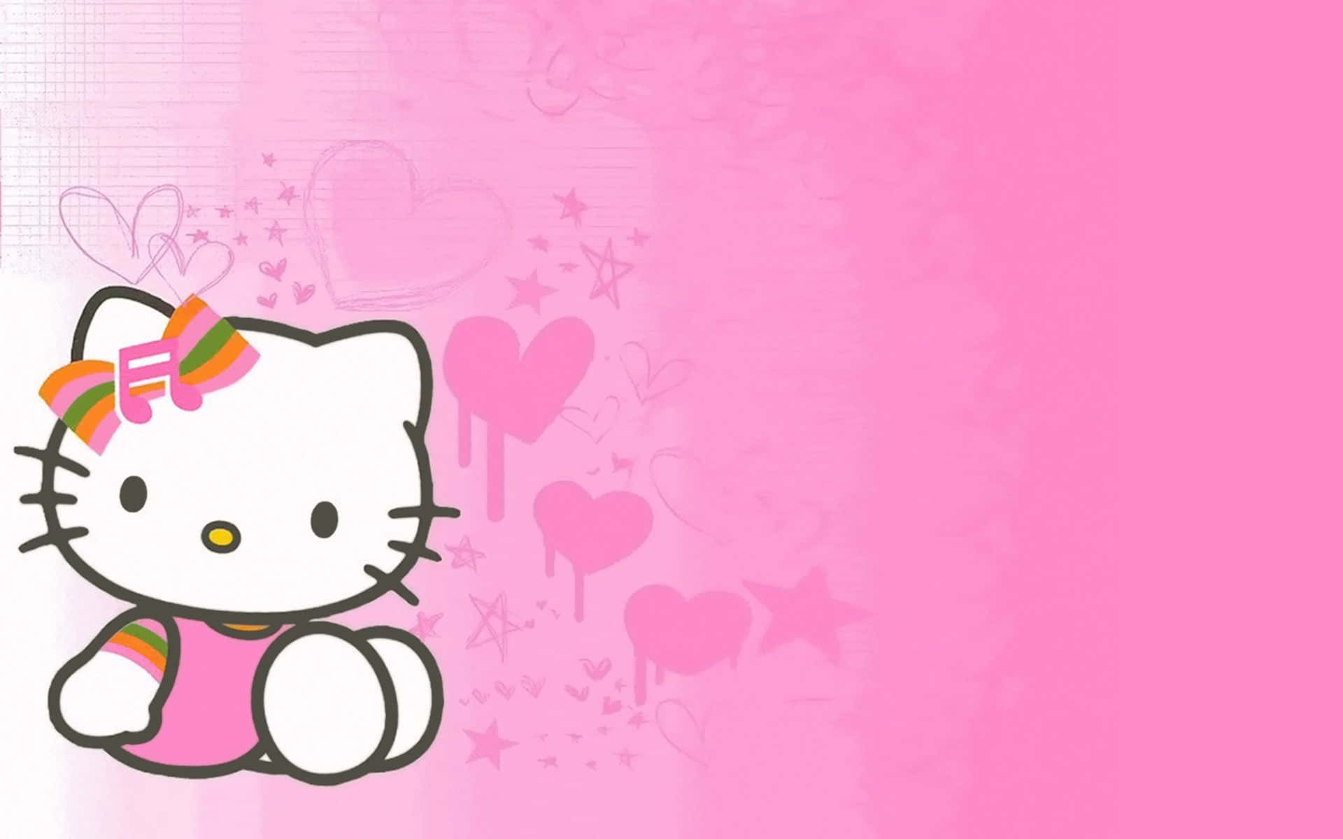 Hello Kitty 卡通角色，帶有彩虹蝴蝶結，被心形和星星包圍在粉紅色背景上。