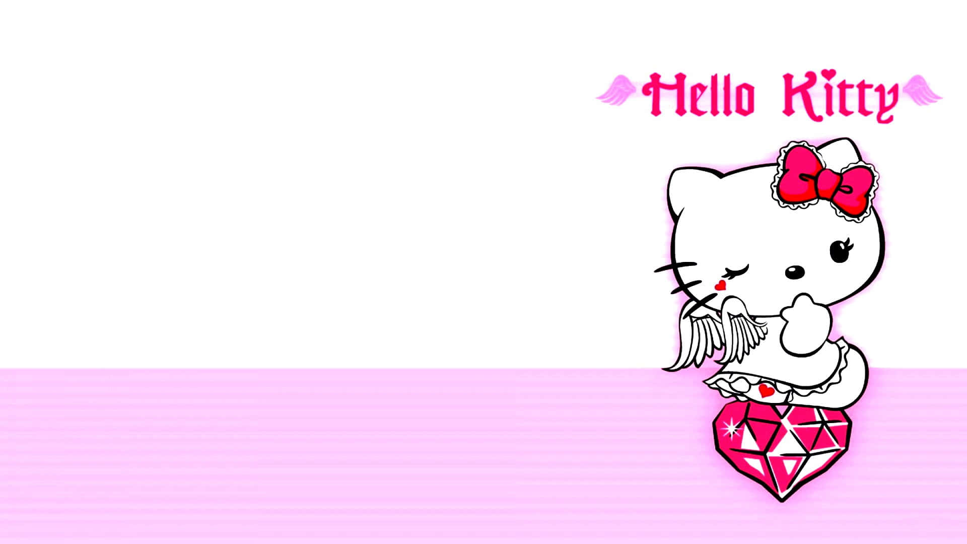 Hello Kitty 帶有天使翅膀和紅色蝴蝶結，棲息在粉紅色鑽石上。