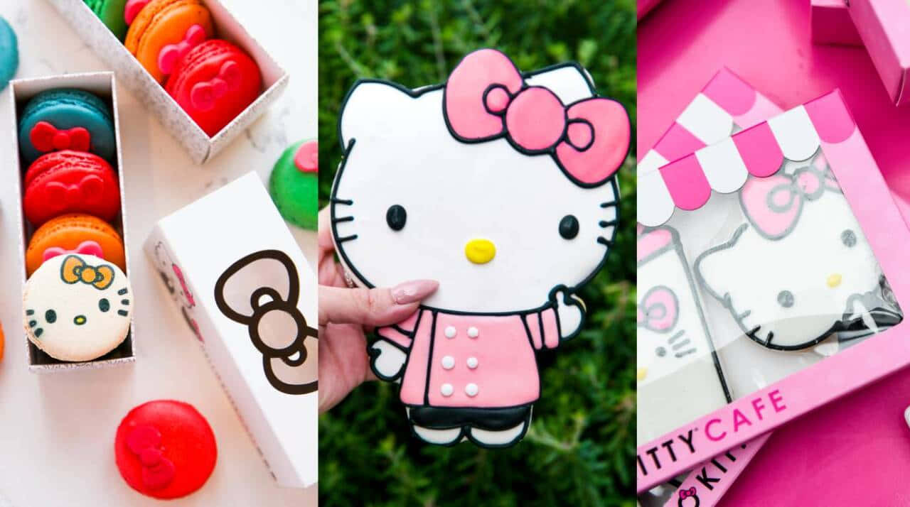 Hello Kitty展現她甜美的一面 壁紙 — 色彩繽紛的Hello Kitty主題馬卡龍和蛋糕切塊，以粉紅色包裝展示在綠色草地上。