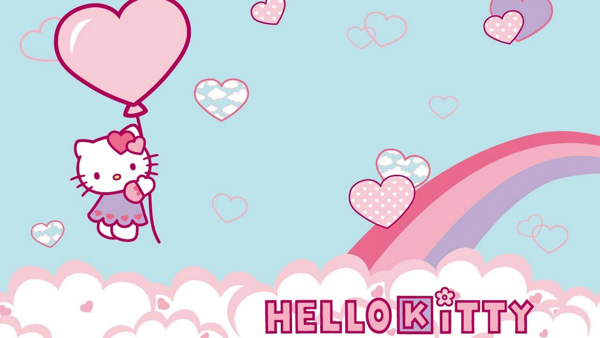 Hello Kitty心形氣球桌面 壁紙 — Hello Kitty 喺粉紅色氣球上漂浮喺 fluffy 雲上面，有彩虹同散落嘅心形，背景係柔和嘅藍天。