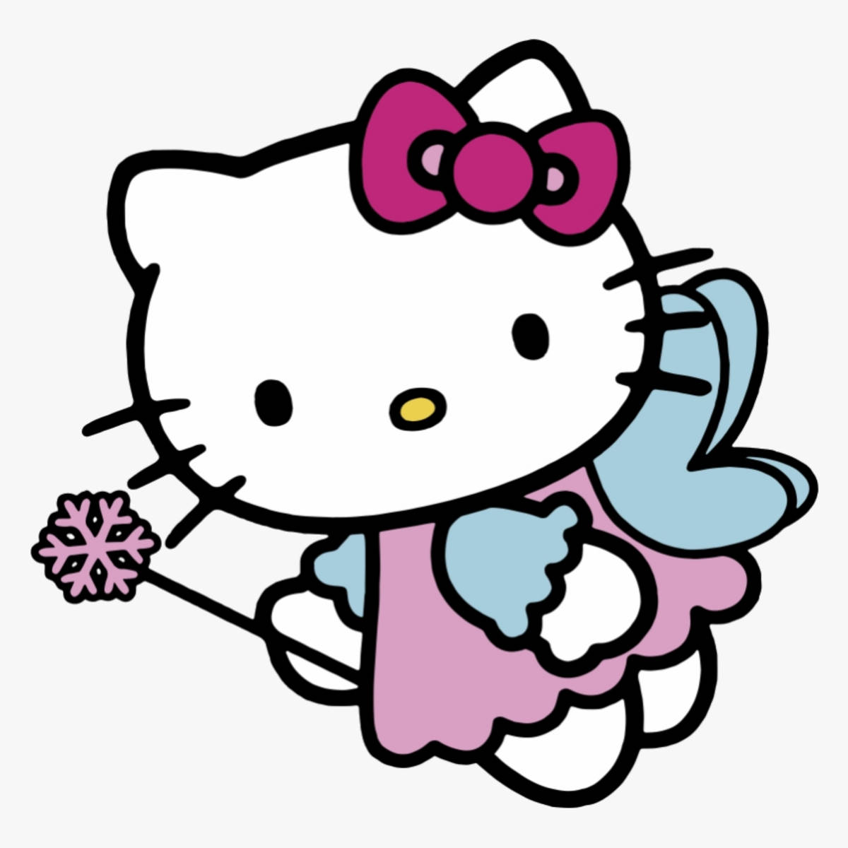 Hello Kitty持魔法棒頭像 壁紙 — Hello Kitty 打扮成冬季仙子，在純色背景前手持粉紅色雪花魔杖。