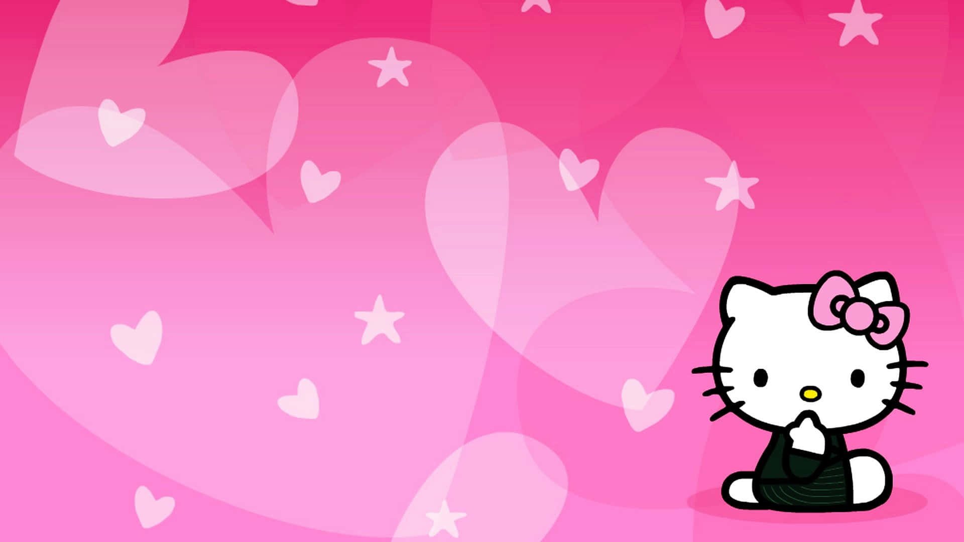 Hello Kitty 坐在粉紅色背景上，有心形和星星