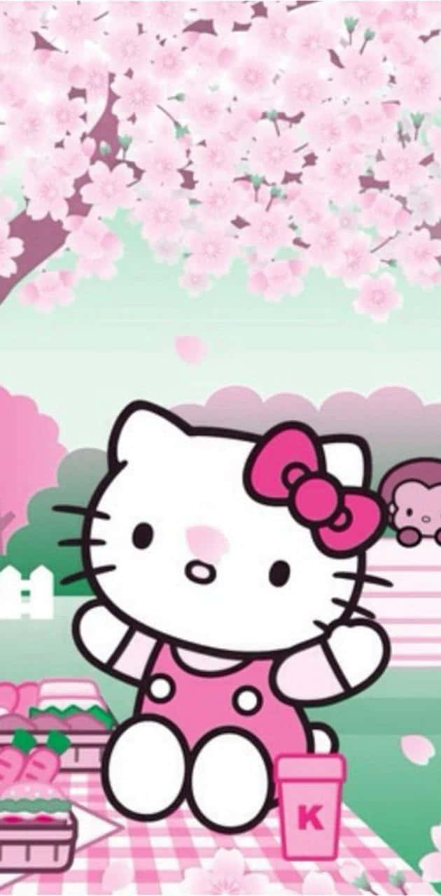 Hello Kitty櫻花野餐頭像 壁紙 — Hello Kitty 喺粉紅色櫻花下開心咁野餐，有粉紅色蝴蝶結同格仔毯。