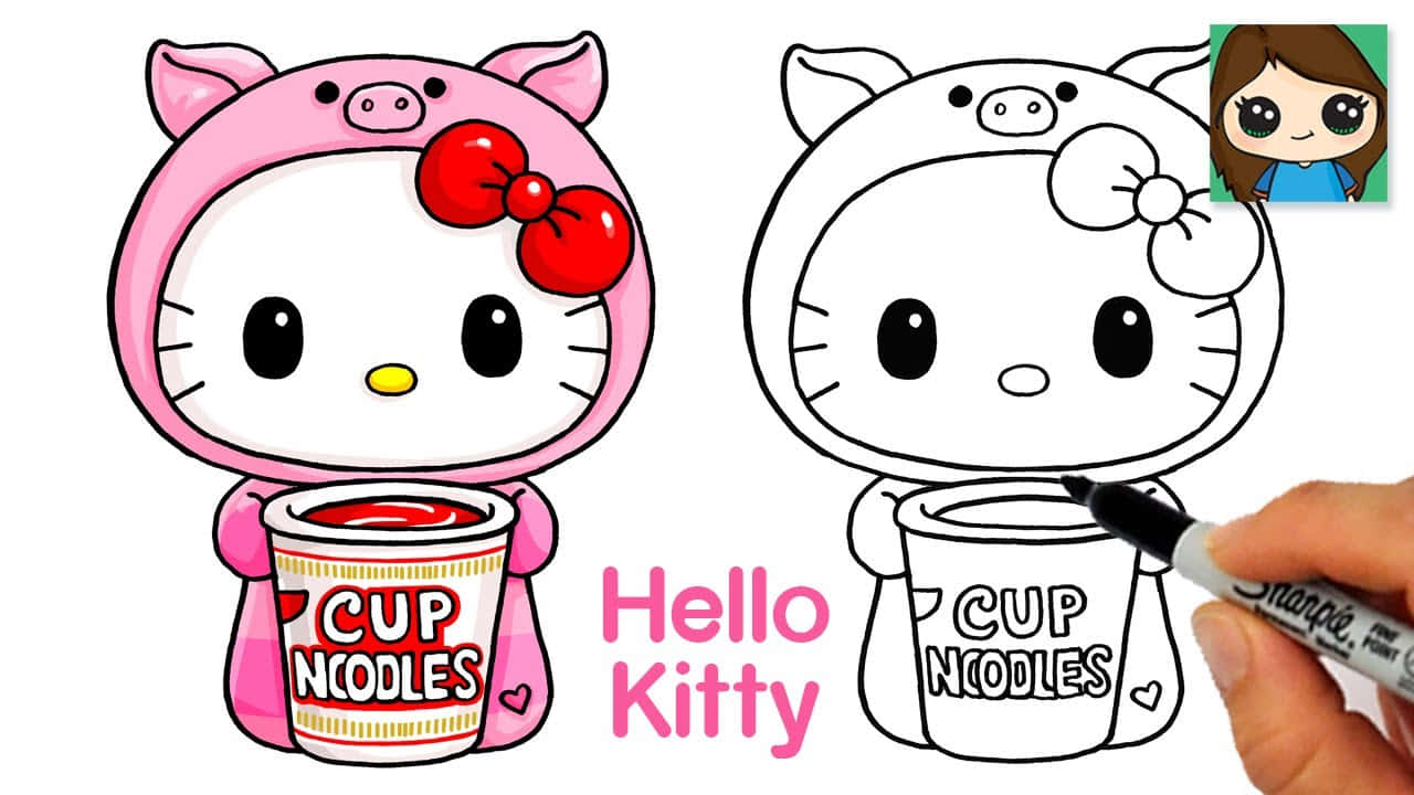 Hello Kitty燦爛的笑容！ 壁紙 — Hello Kitty 穿著粉紅色豬造型服裝，手持杯麵，旁邊是正在填色的黑白填色版本。