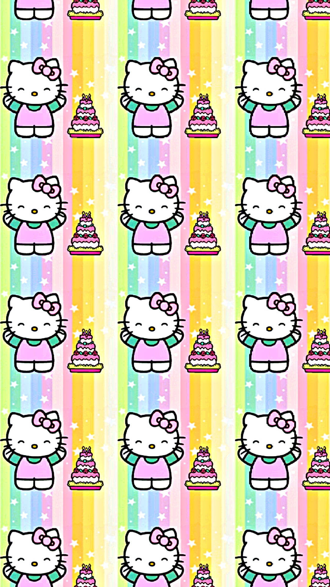 Hello Kitty的可愛柔和色調 壁紙 — 重複的Hello Kitty角色穿著粉紅色連衣裙，在帶有白色星星的彩虹條紋背景上拿著蛋糕。
