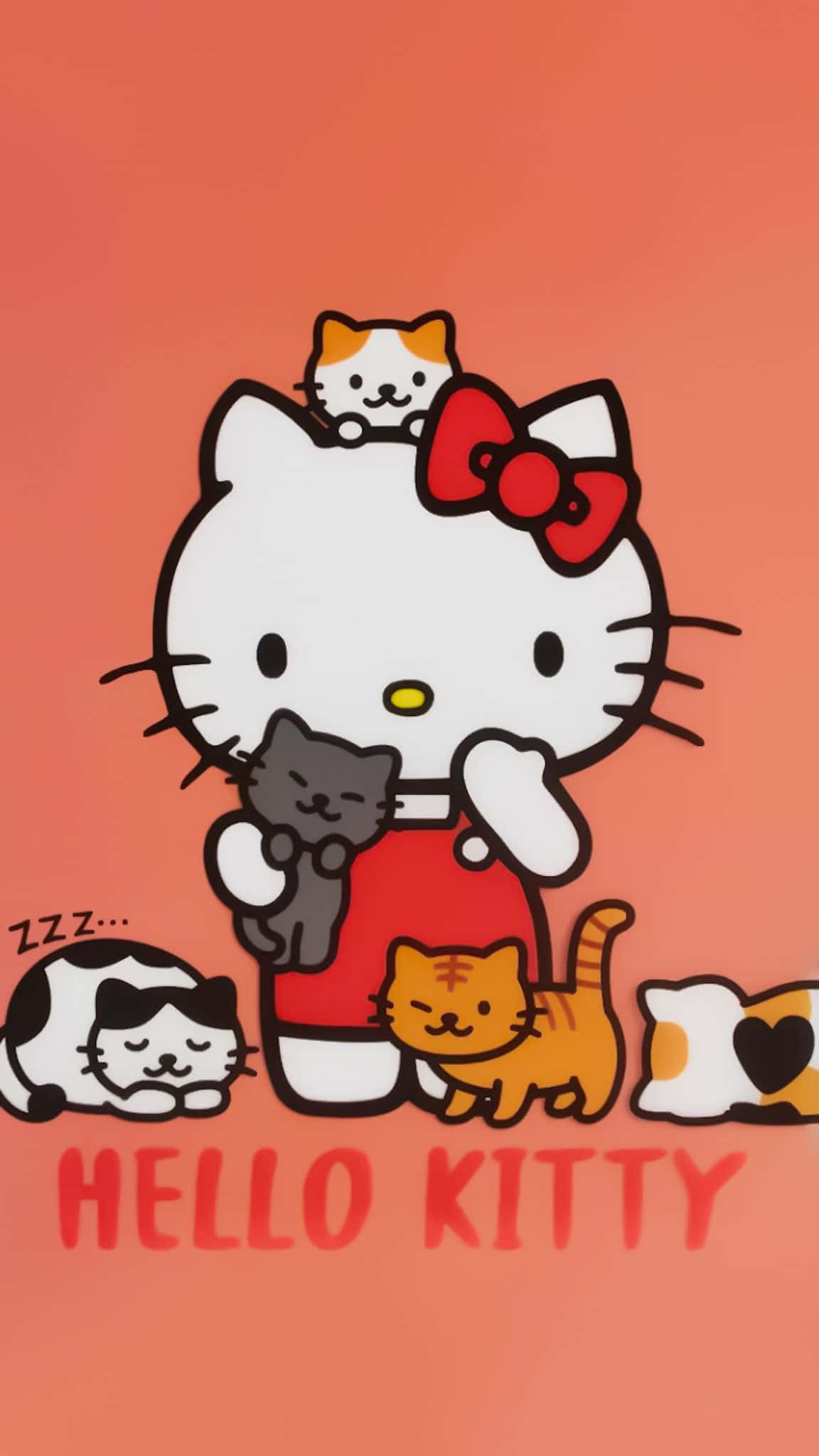 Hello Kitty祝您感恩節快樂 壁紙 — 穿著紅色連衣裙的Hello Kitty抱著一隻灰色小貓，周圍是珊瑚色背景上睡覺和玩耍的貓咪。