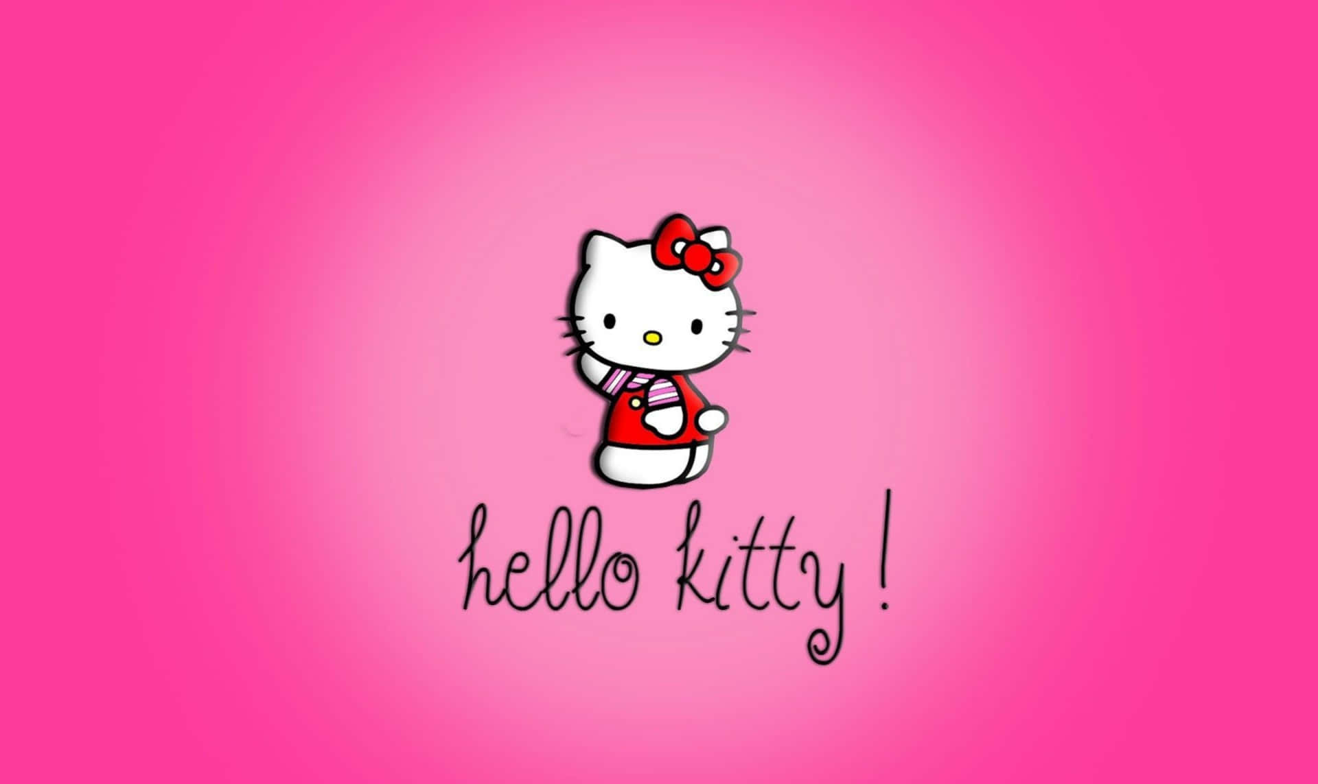 Hello Kitty筆電粉紅背景 壁紙 — Hello Kitty 卡通角色，身穿紅色服裝，戴著紅色蝴蝶結，位於充滿活力的粉紅色漸變背景中央。