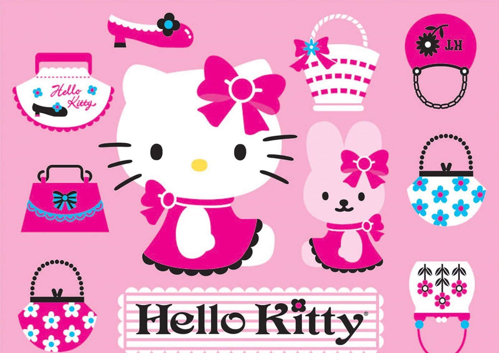 Hello Kitty筆電與手袋 壁紙 — Hello Kitty 和朋友們穿著粉紅色服裝，被配飾環繞在粉紅色背景上。