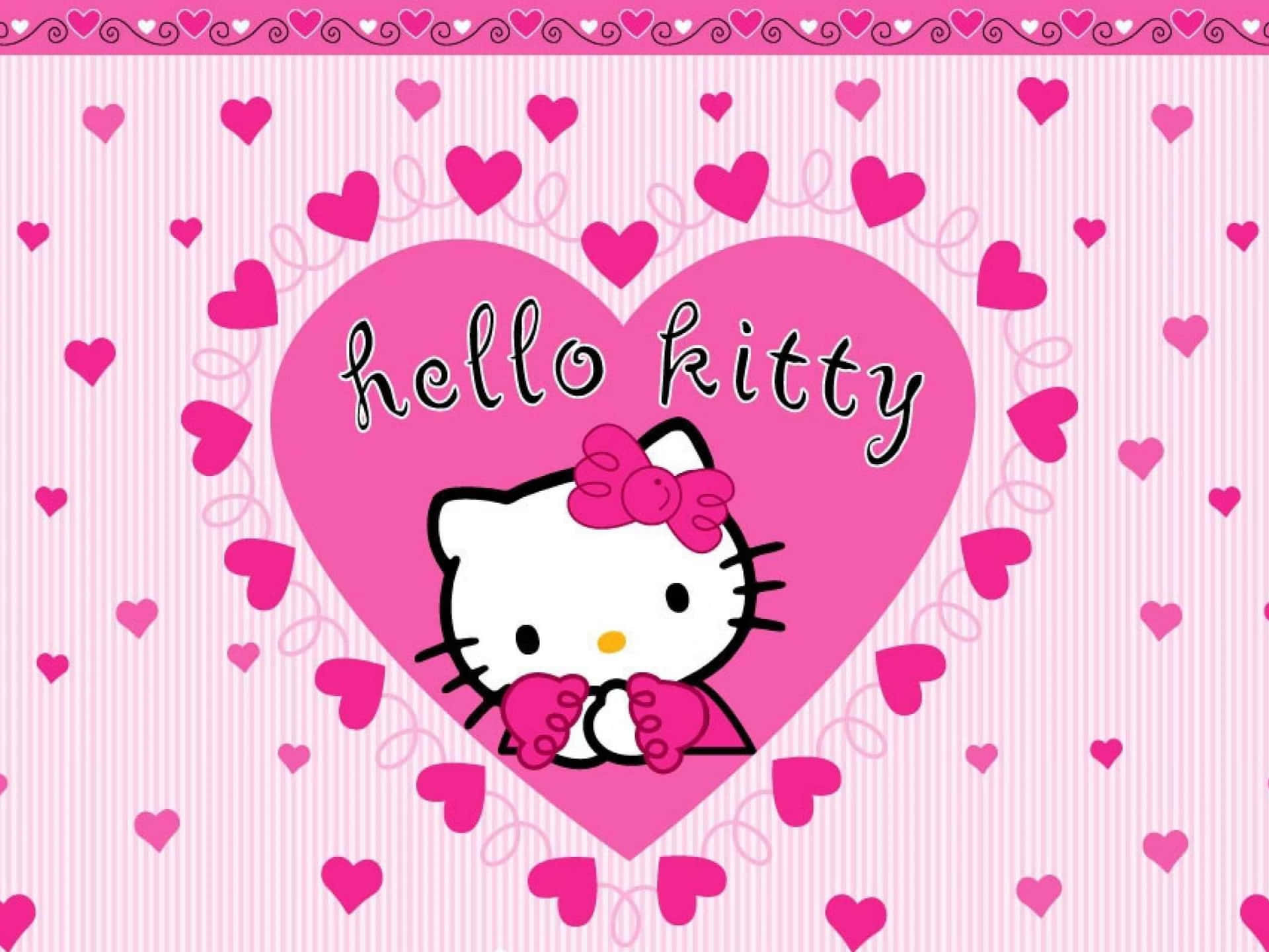 Hello Kitty 在粉紅色心形內，周圍有心形漂浮。