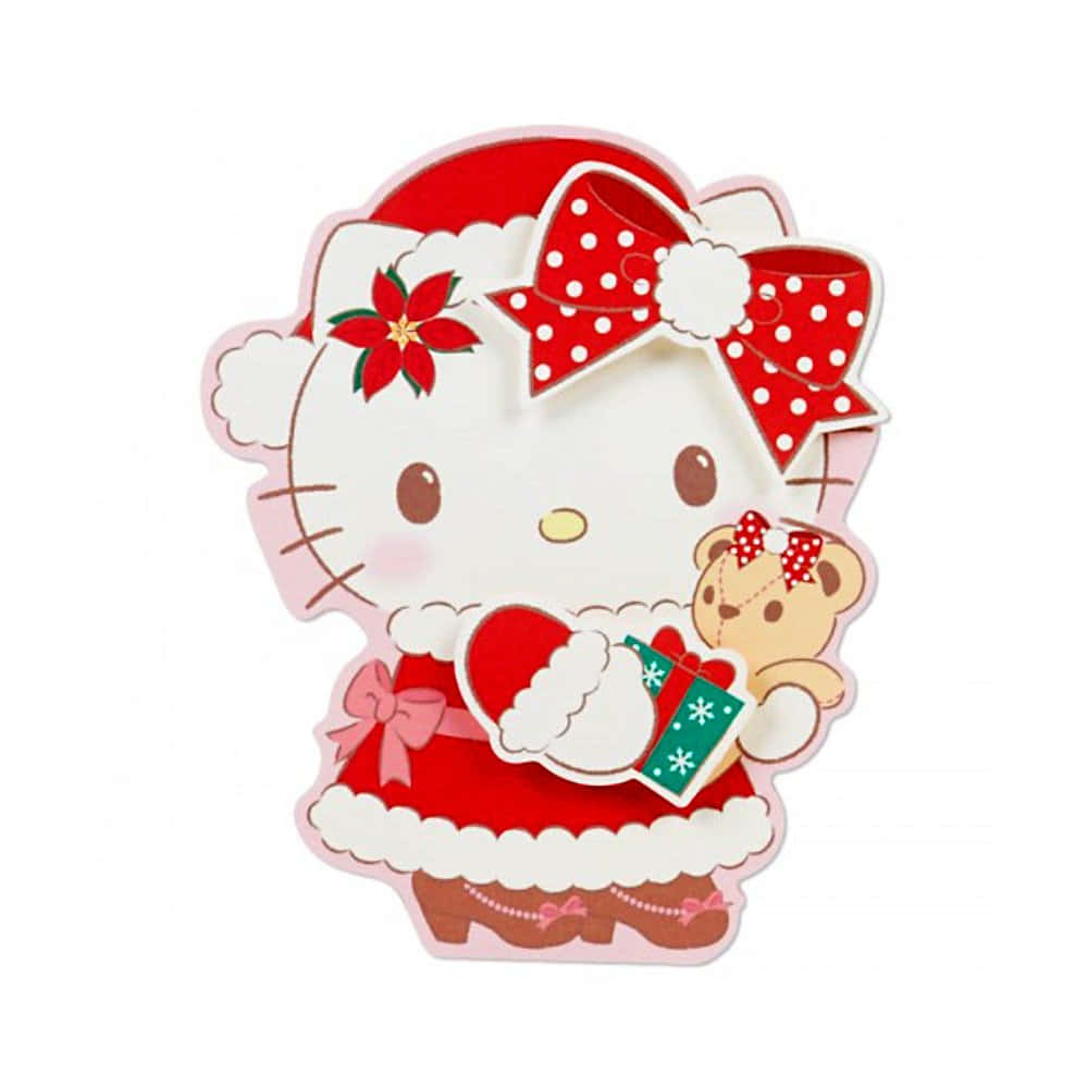 Hello Kitty 身穿聖誕服裝，手持禮物和泰迪熊。