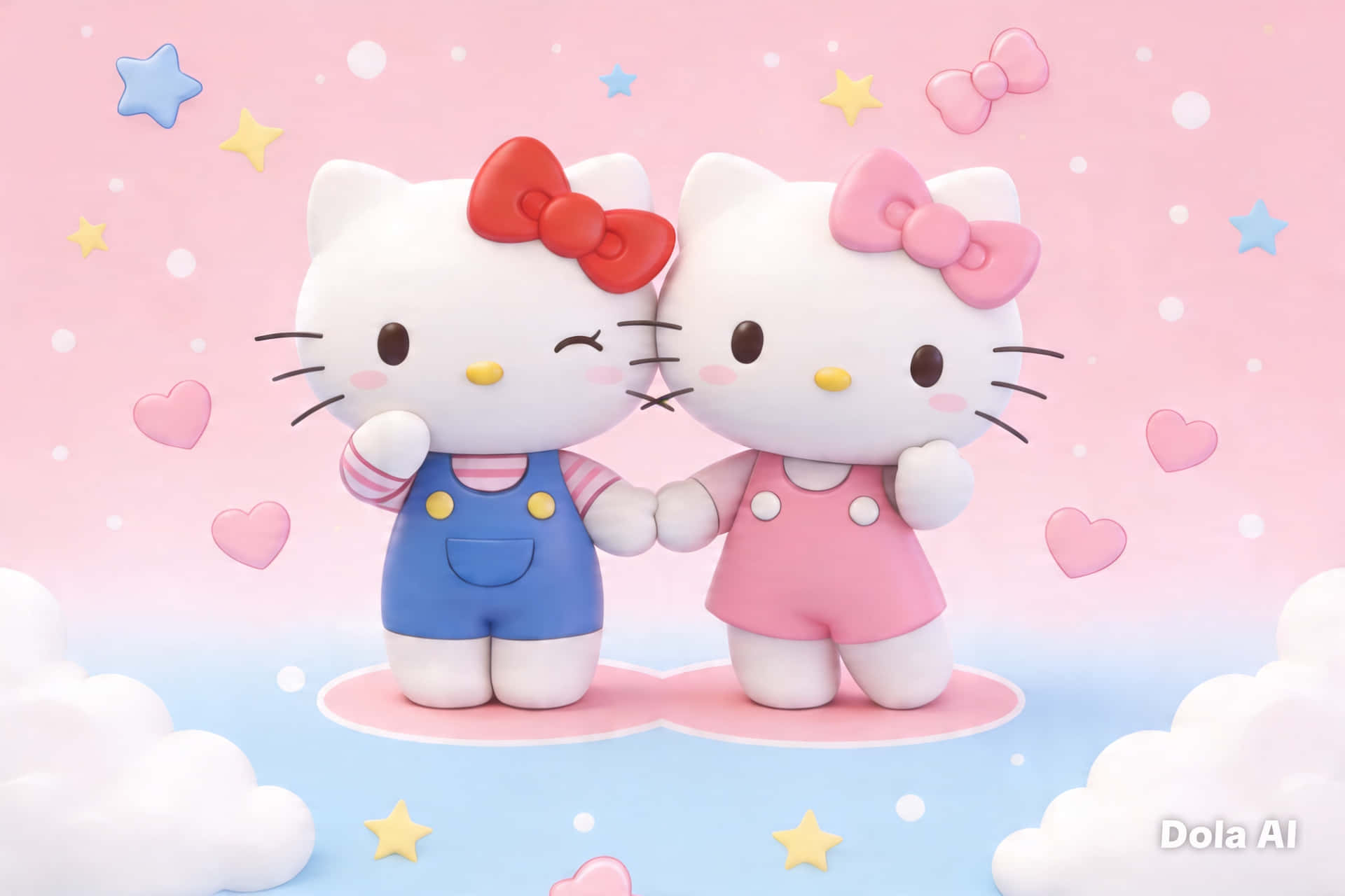 兩個Hello Kitty公仔在雲上手牽手，背景有星星和心形。