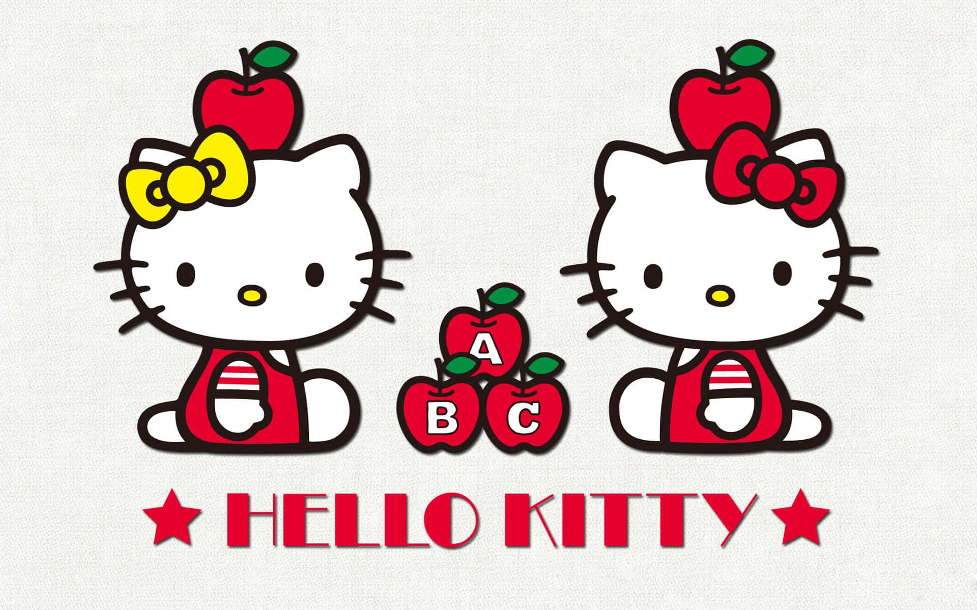 Hello Kitty與Mimmy White對峙背景 壁紙 — 兩個穿著校服的Hello Kitty角色，頭上有蘋果，它們之間有ABC蘋果，背景有紋理。