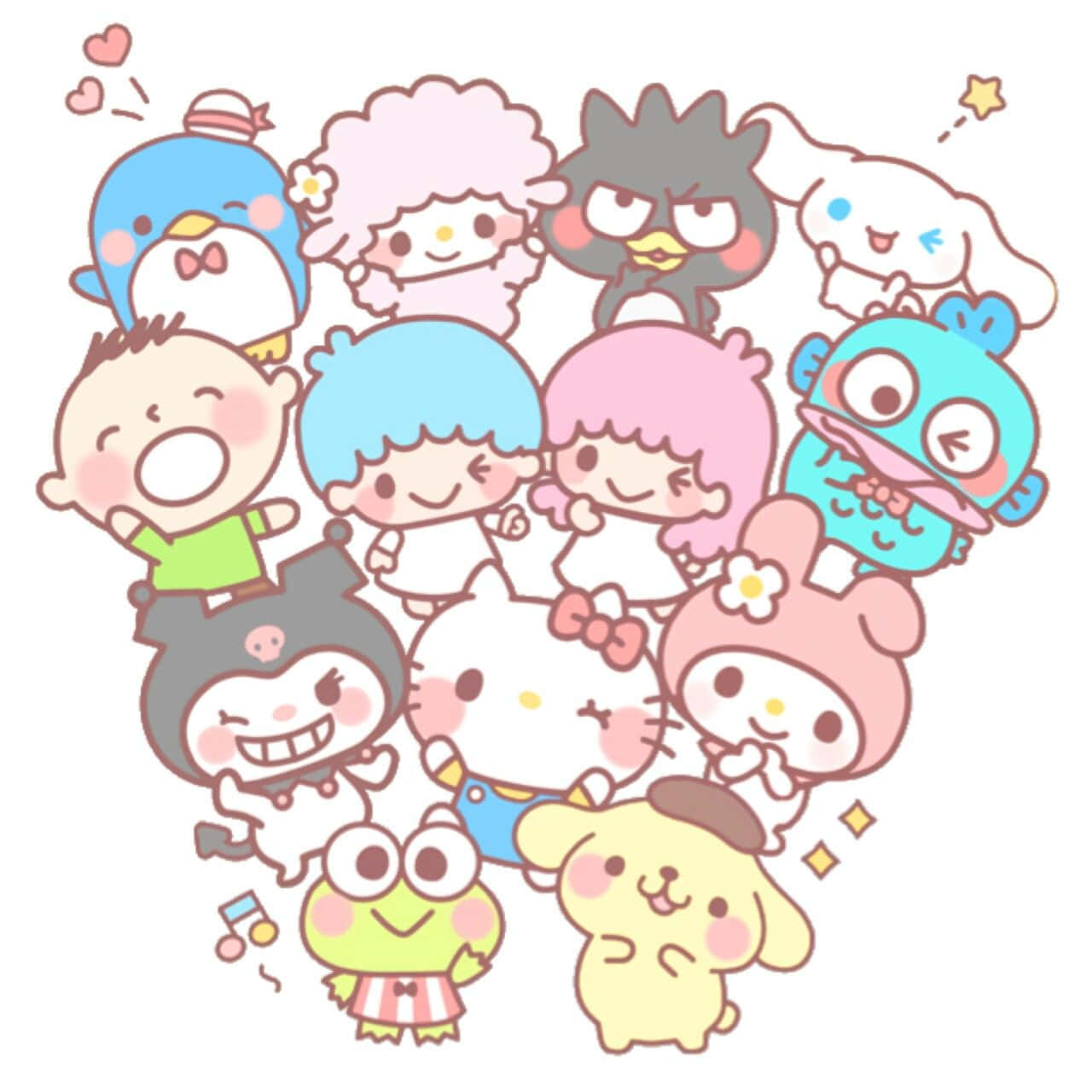 Hello Kitty與朋友群像 壁紙 — 一群充滿歡樂的標誌性Sanrio角色，如Hello Kitty和My Melody，以柔和的粉彩顏色和俏皮的表情呈現。