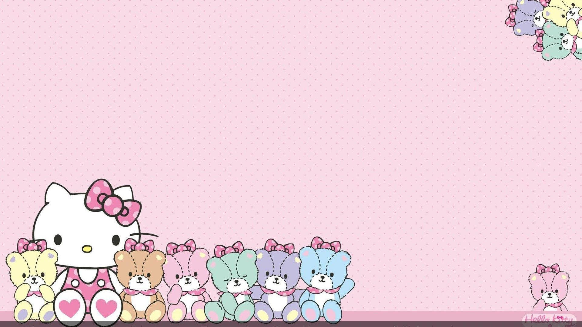 Hello Kitty與泰迪熊桌面 壁紙 — Hello Kitty 和她色彩繽紛的熊朋友們坐在粉紅色圓點背景上排成一排。