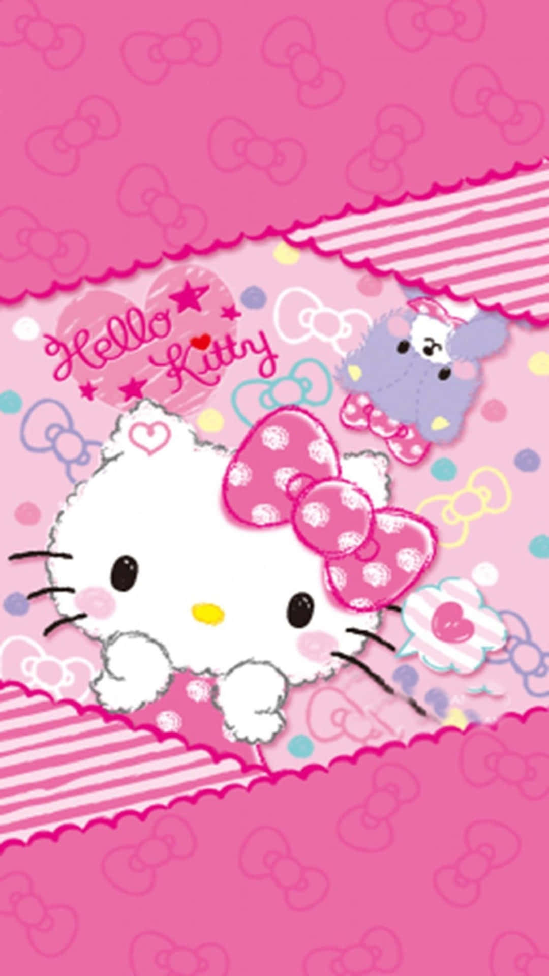 Hello Kitty與藍熊的甜蜜時光 壁紙 — Hello Kitty 戴著粉紅色圓點蝴蝶結，從一個飾有心形和蝴蝶結的粉紅色扇貝形邊框後面探出頭來。