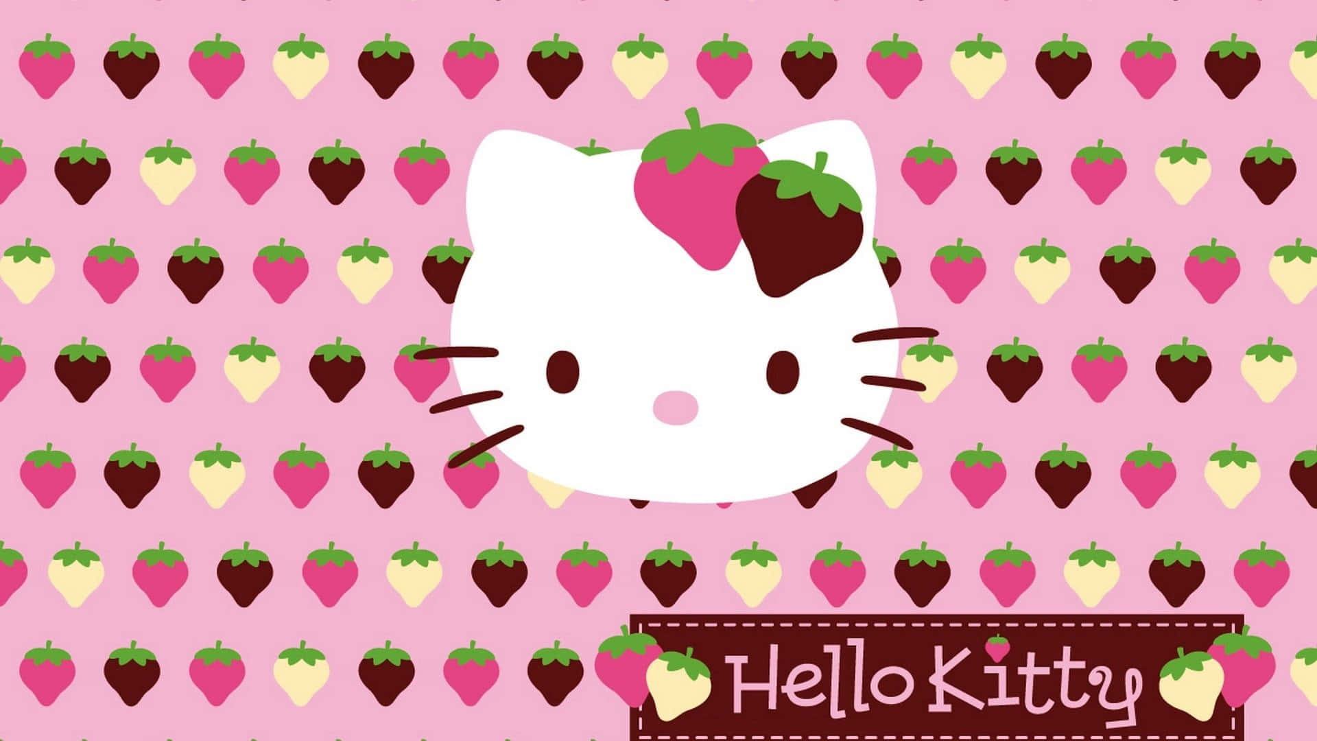 Hello Kitty 戴著草莓髮飾，在粉紅色草莓圖案背景上。