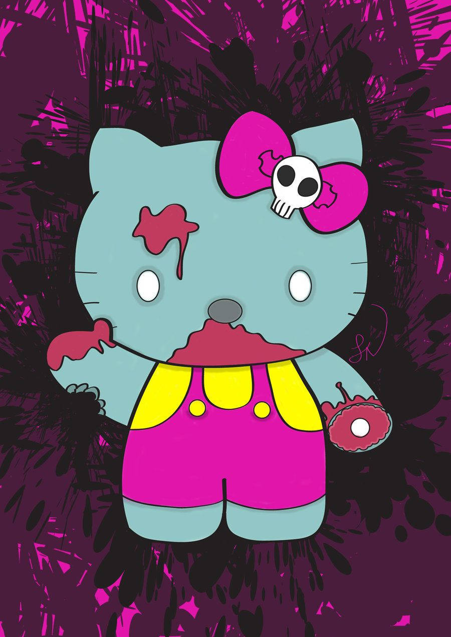 Hello Kitty萬聖節恐怖白眼 壁紙 — 一個喪屍Hello Kitty，帶有骷髏頭蝴蝶結和血跡，背景為深紫色和黑色潑濺效果。