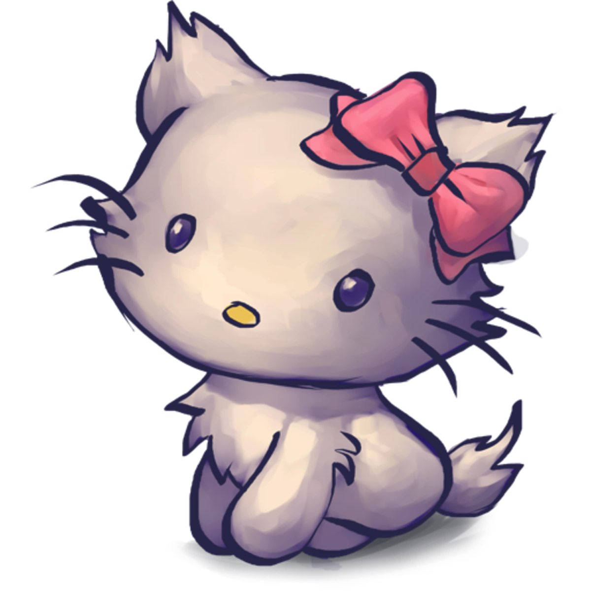 Hello Kitty萬聖節數位繪畫 壁紙 — 一隻可愛的卡通貓咪戴著粉紅色蝴蝶結，坐在純白色背景前，帶有柔和陰影和粗線條輪廓。