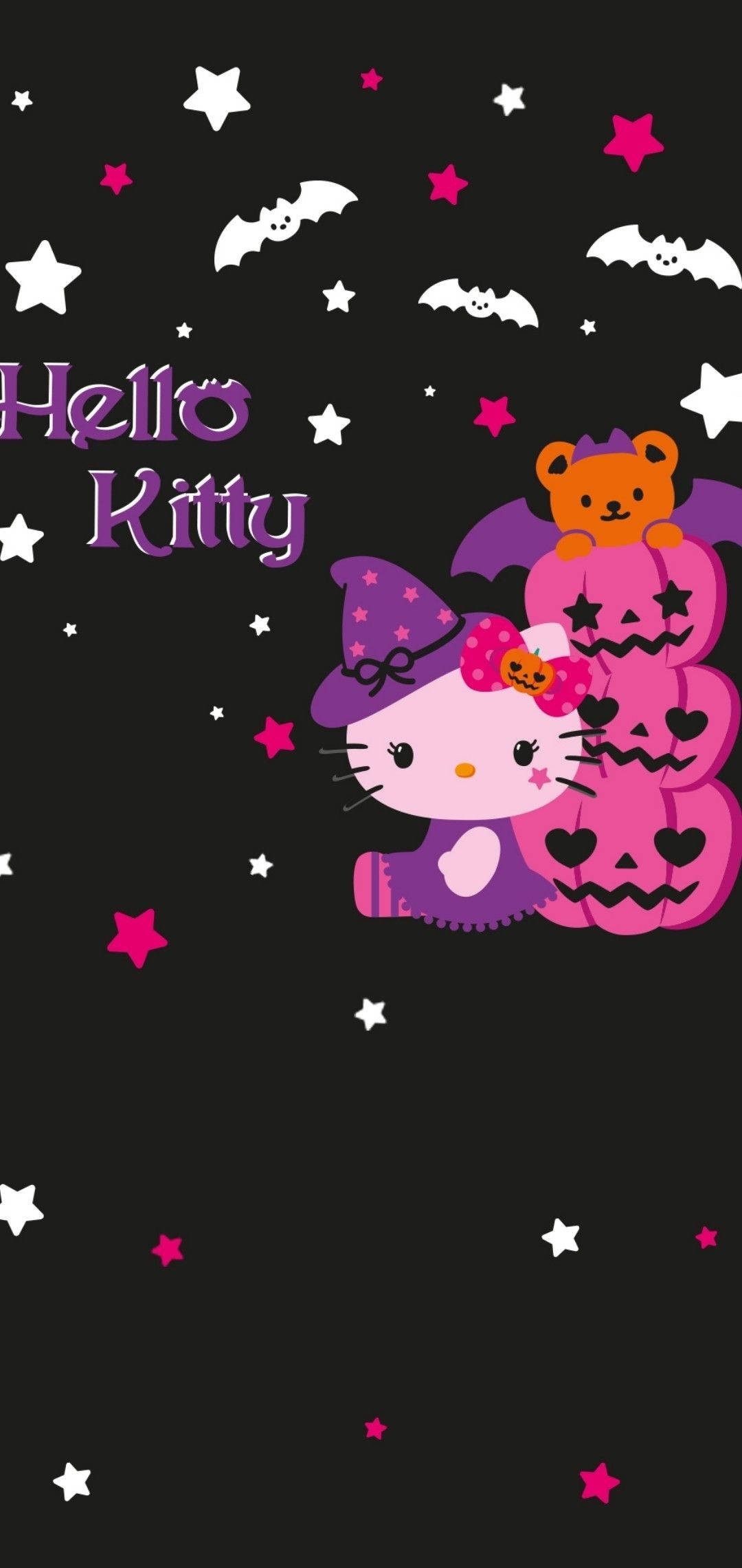 Hello Kitty萬聖節粉紅南瓜燈 壁紙 — Hello Kitty 戴住紫色巫婆帽，坐在疊起嘅粉紅色南瓜燈旁邊，上面有隻熊公仔，背景係黑色星空。