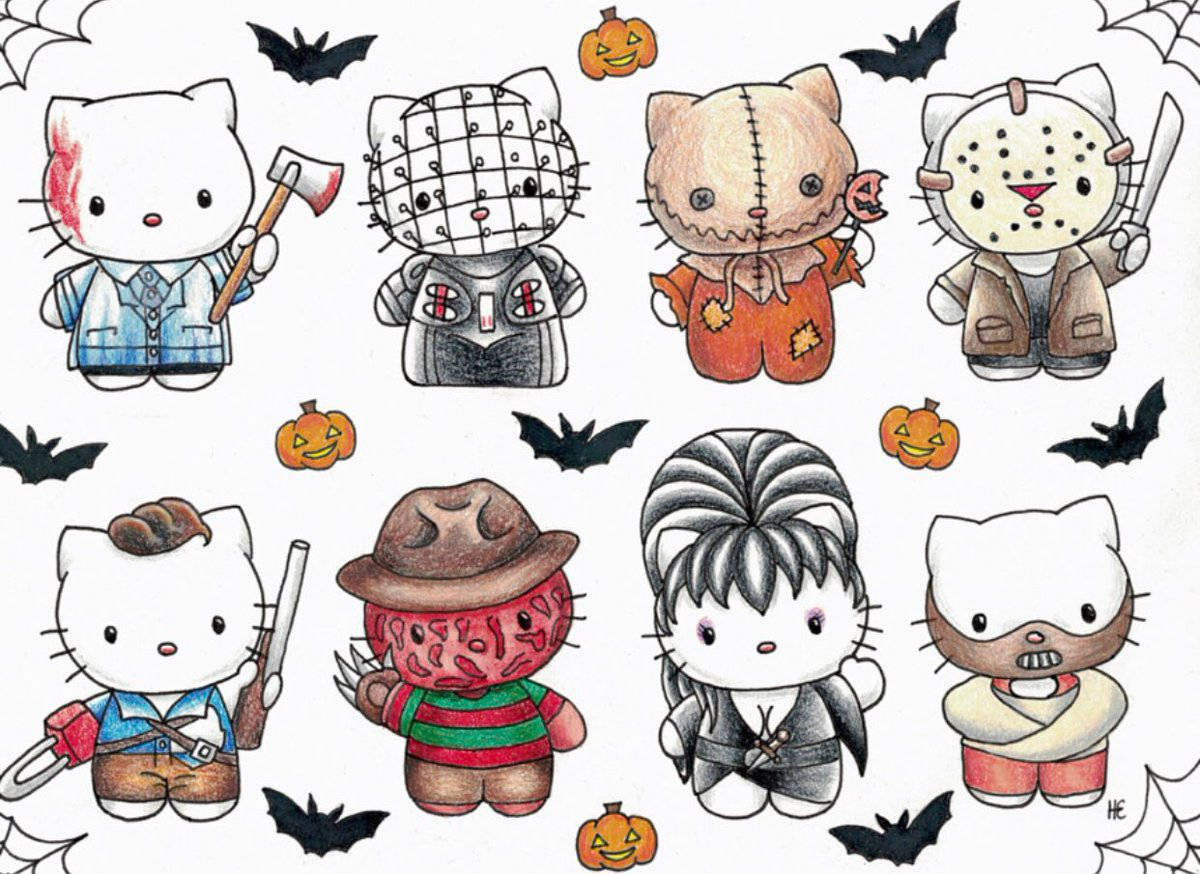 Hello Kitty萬聖節素描藝術 壁紙 — Chibi風格恐怖角色，如Hello Kitty扮演Freddy Krueger和Jason Voorhees，周圍環繞著蝙蝠和南瓜。