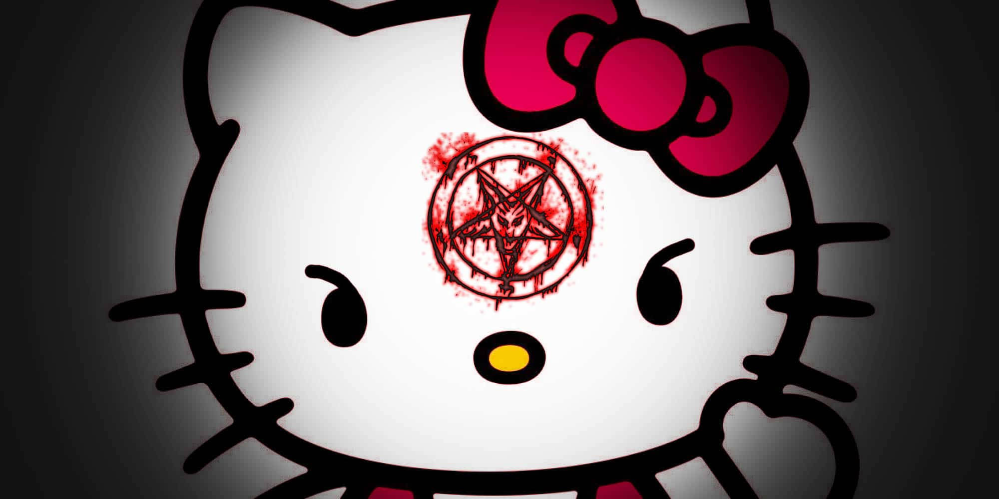 Hello Kitty萬聖節血跡標記 壁紙 — Hello Kitty 嘅面上有一個血淋淋嘅倒轉五角星紋身喺佢嘅額頭上，背景係深色漸變。