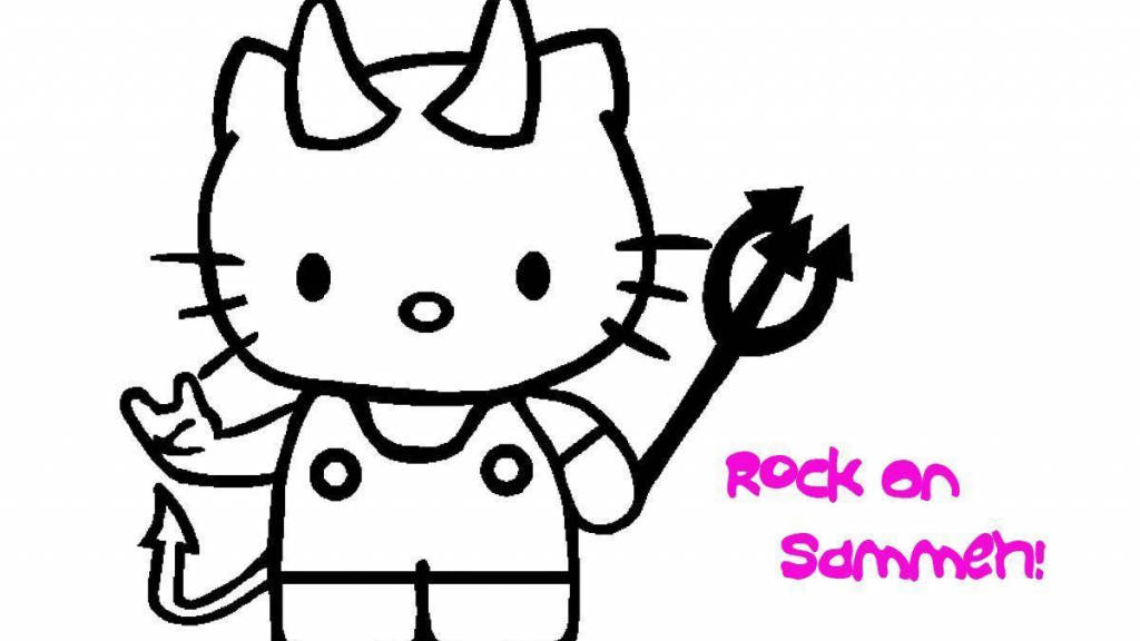 Hello Kitty萬聖節邪惡版 壁紙 — Hello Kitty 打扮成魔鬼，手持三叉戟，並有粉紅色文字寫著 Rock on Sammen! 的黑白線條畫。