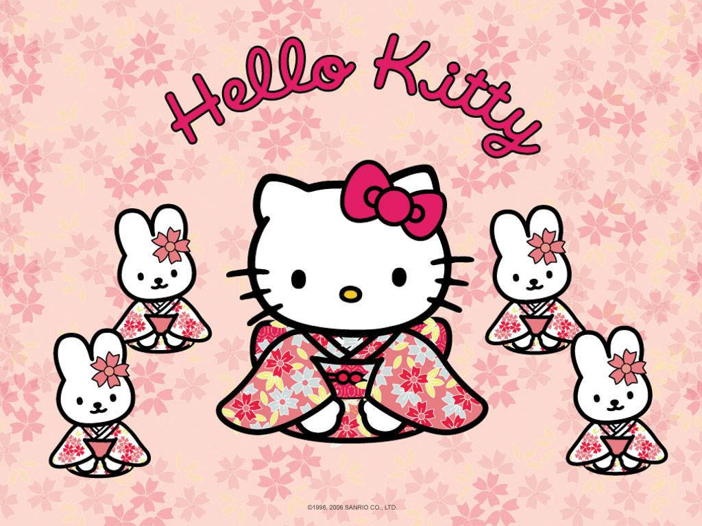 Hello Kitty 和兔子朋友穿著花卉和服，背景是櫻花。