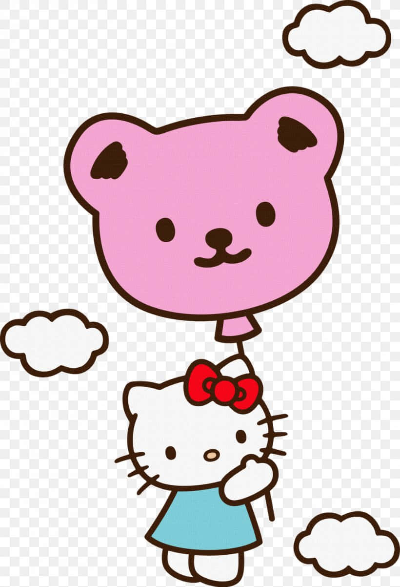 Hello Kitty 拎住一個粉紅色嘅啤啤熊氣球，周圍有雲。