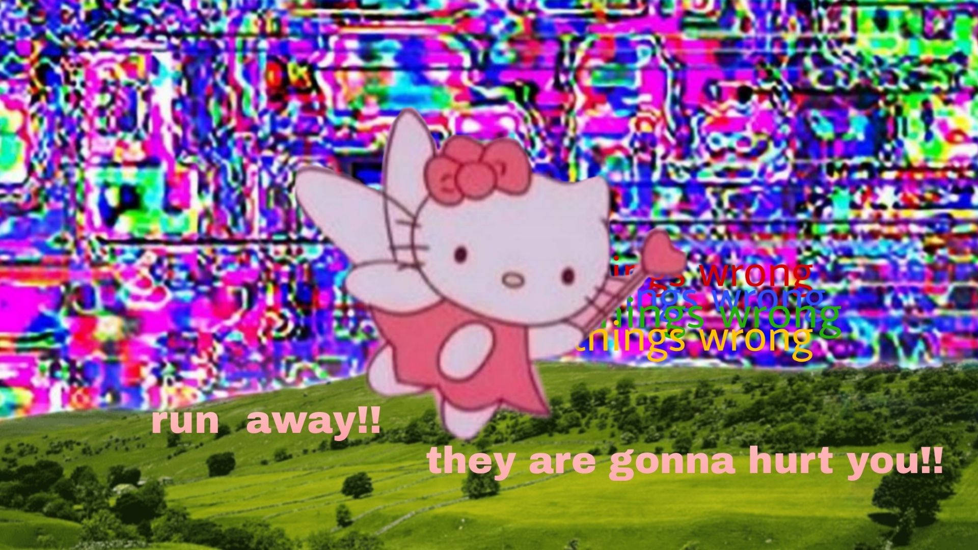 帶有故障效果和警告文字的 Hello Kitty 在田野上方。