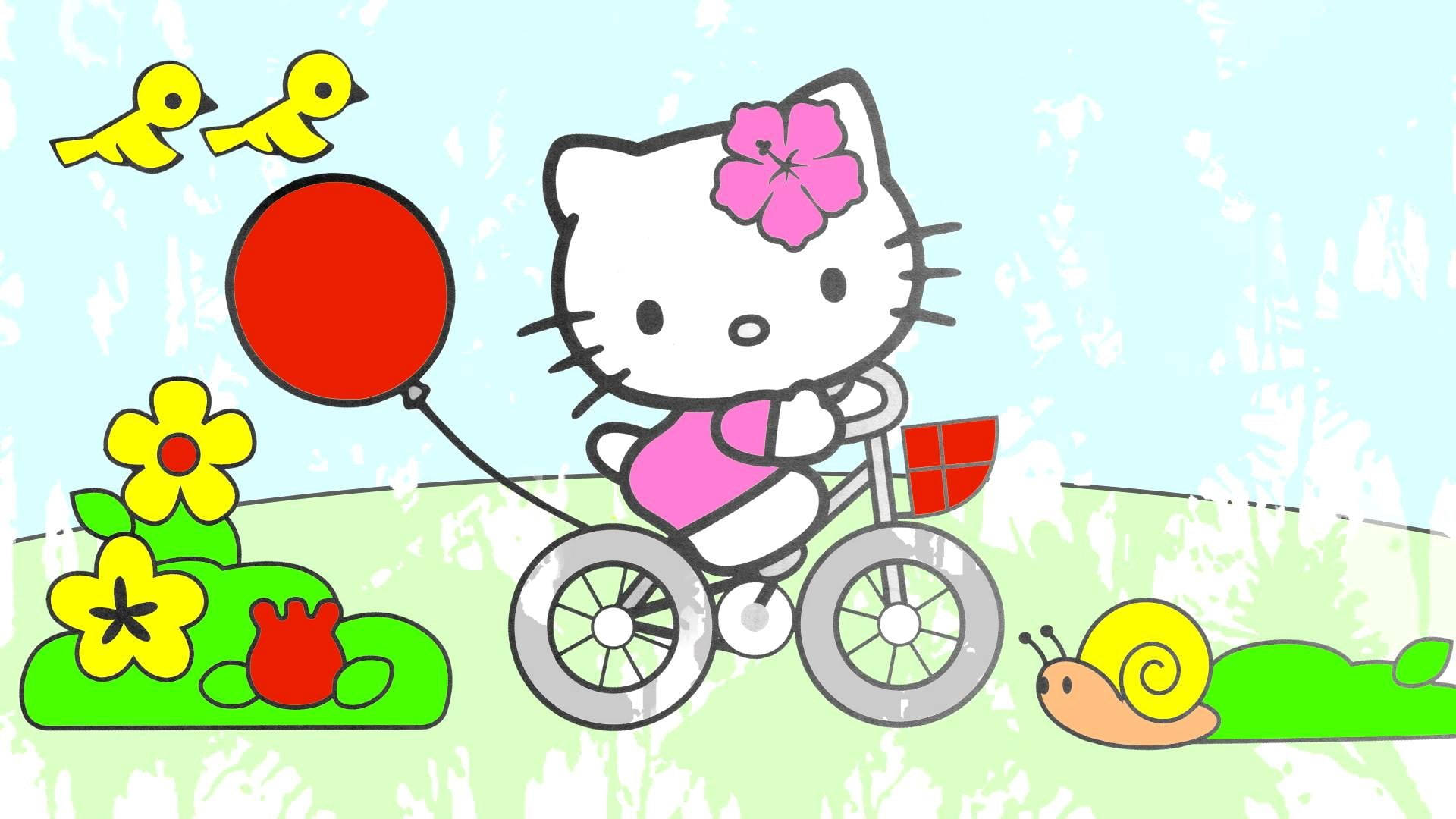 Hello Kitty 踩單車，手持紅色氣球，在有花朵和鳥兒的陽光花園中。