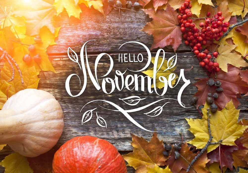 十一月 桌布 壁紙 — Hello November 文字以優雅白色手寫體呈現，周圍環繞著鮮豔的秋葉、南瓜和紅色漿果，置於質樸的木頭上。