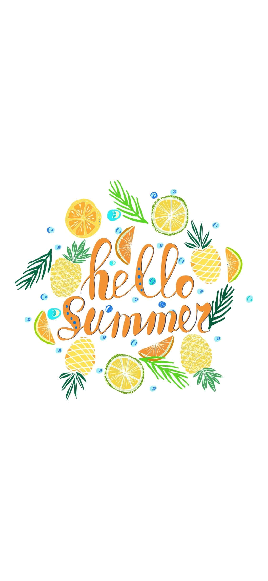Hello Summer 字體設計 iPhone X 夏日背景 壁紙 — 充滿活力的夏日問候，鳳梨、檸檬和棕櫚葉圍繞著白色背景上的草書文字排列。