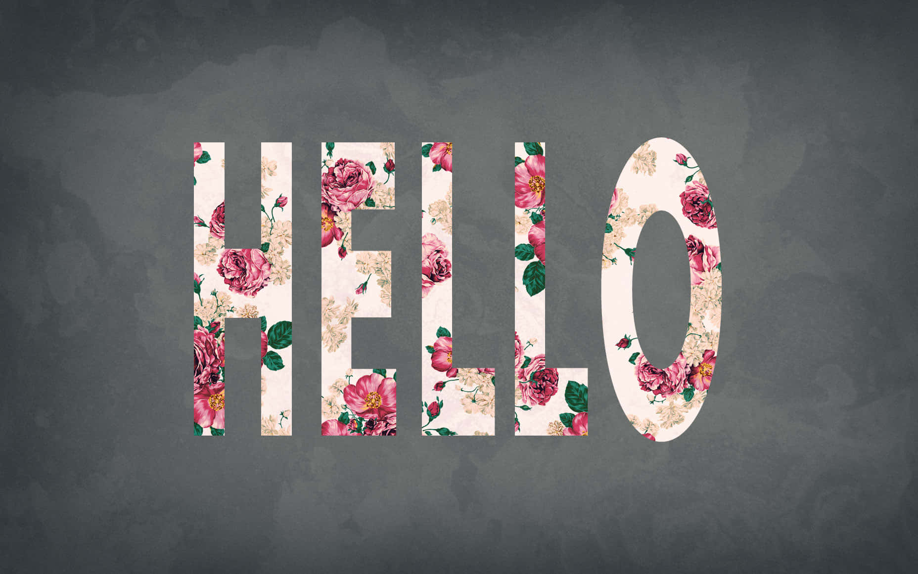 你好 桌布 壁紙 — 「hello」呢個字係由粉紅色玫瑰同綠色葉嘅花卉圖案組成，背景係有紋理嘅灰色。